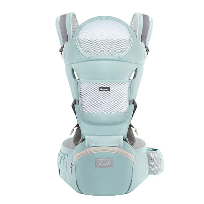 Green ergonomic baby carrier front view with breathable mesh and hip seat.