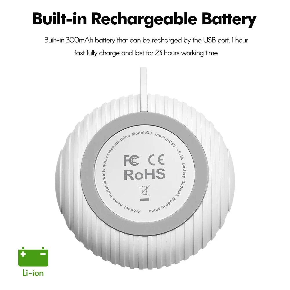 Back of white noise machine showing certifications and built-in rechargeable battery info.