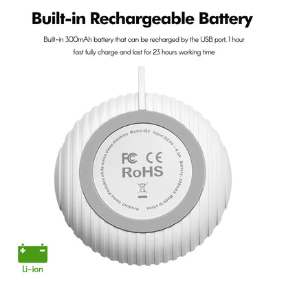 Back of white noise machine showing certifications and built-in rechargeable battery info.