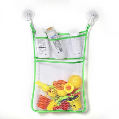 Green baby bath toy storage mesh bag with suction cups holding bottles and yellow bath toys.