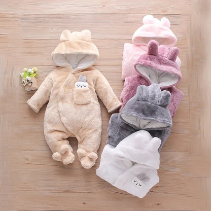 Plush Hooded Baby Romper | Warm Cartoon Jumpsuit for Fall and Winter
