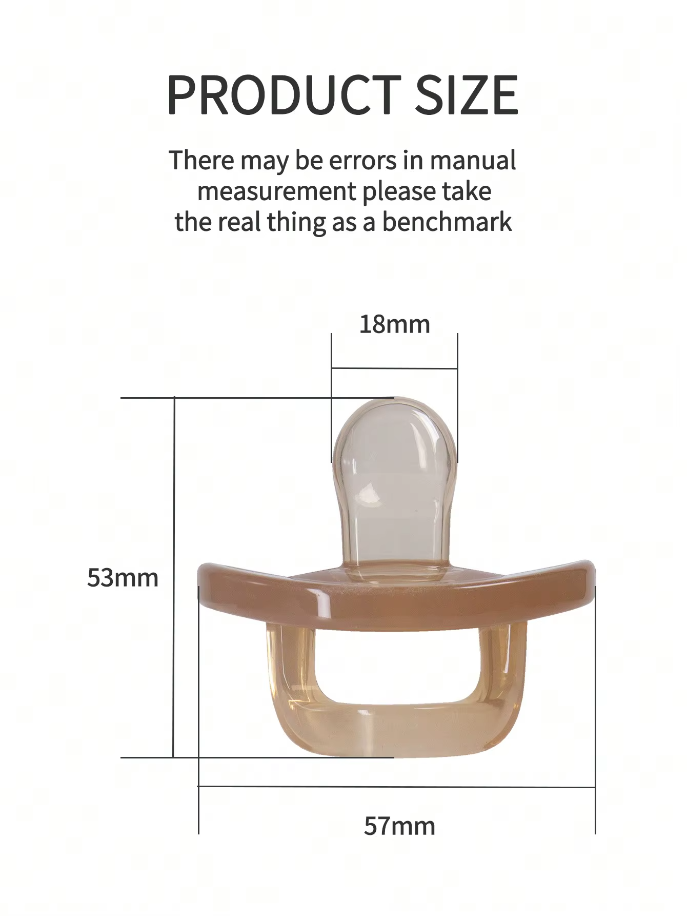 Light brown silicone baby pacifier with flat nipple and handle showing product size dimensions.