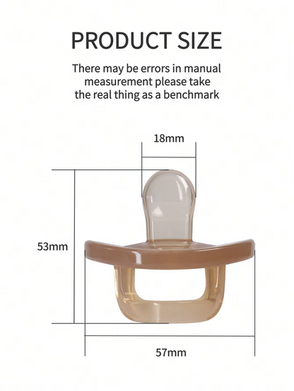 Light brown silicone baby pacifier with flat nipple and handle showing product size dimensions.