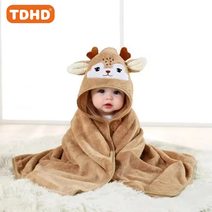 Diagram of square baby hooded bath towel with bear ears and swaddled baby illustration, 80cm by 80cm.