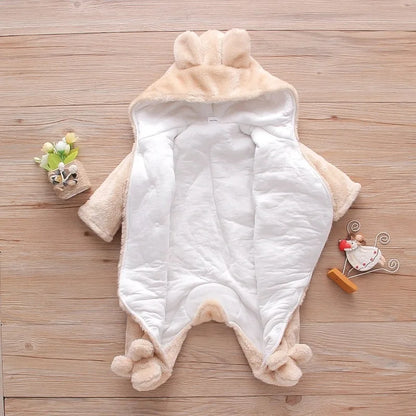 Plush Hooded Baby Romper | Warm Cartoon Jumpsuit for Fall and Winter