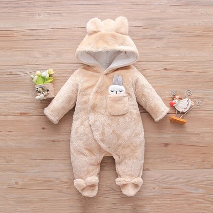 Plush Hooded Baby Romper | Warm Cartoon Jumpsuit for Fall and Winter