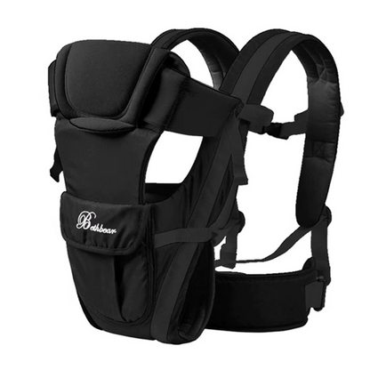 Black ergonomic baby carrier side view showing adjustable straps and padded support.