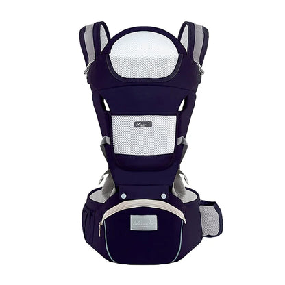 Dark blue ergonomic baby carrier with mesh back and built-in hip seat front view.