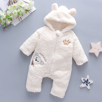 Lamb hair cartoon bear embroidered baby jumpsuit winter new girl baby long sleeved crawling suit thickened girl