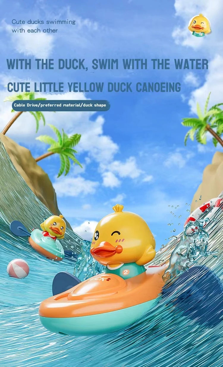 Orange duck kayak bath toy floating on water with wave effect and tropical background.