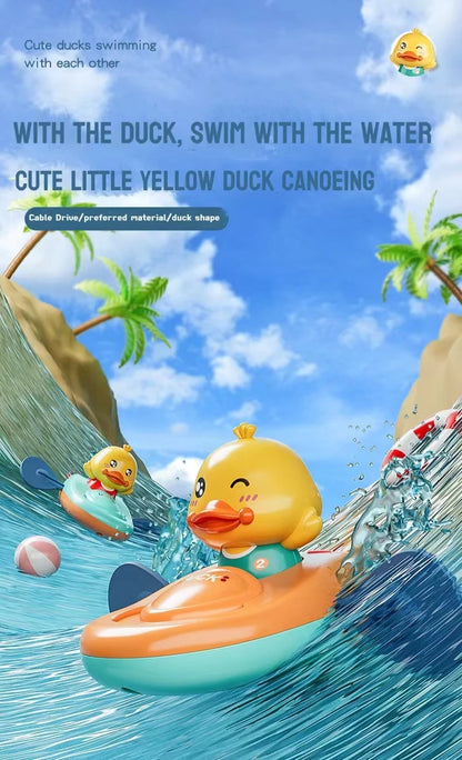 Orange duck kayak bath toy floating on water with wave effect and tropical background.