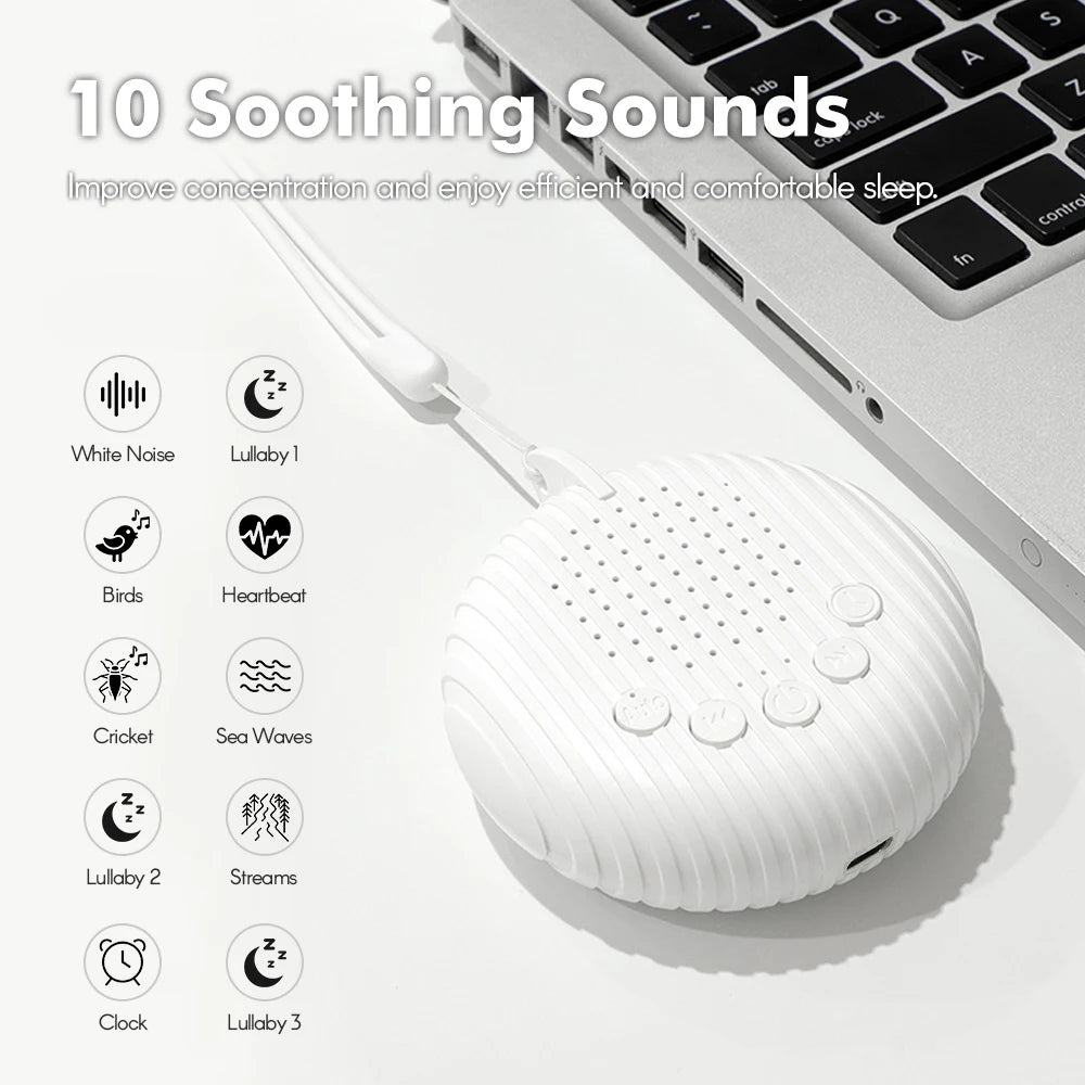 White noise machine on desk near laptop showing 10 soothing sound options icons.