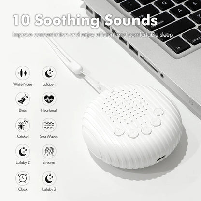 White noise machine on desk near laptop showing 10 soothing sound options icons.