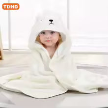 White animal hooded baby bath towel with ears and face detail for newborns.