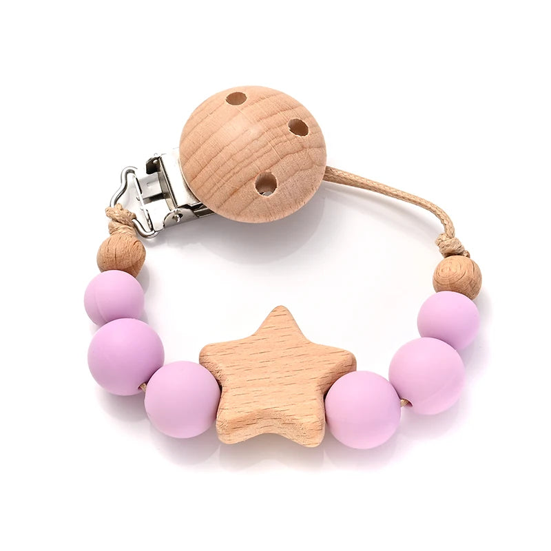 Wood and Silicone Pacifier Clip Chain | Teether Bead Soother Holder (BPA Free)