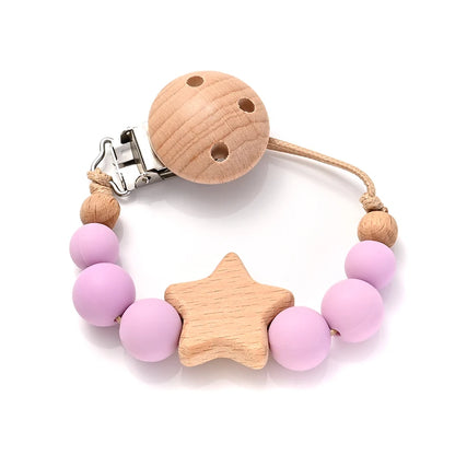 Wood and Silicone Pacifier Clip Chain | Teether Bead Soother Holder (BPA Free)