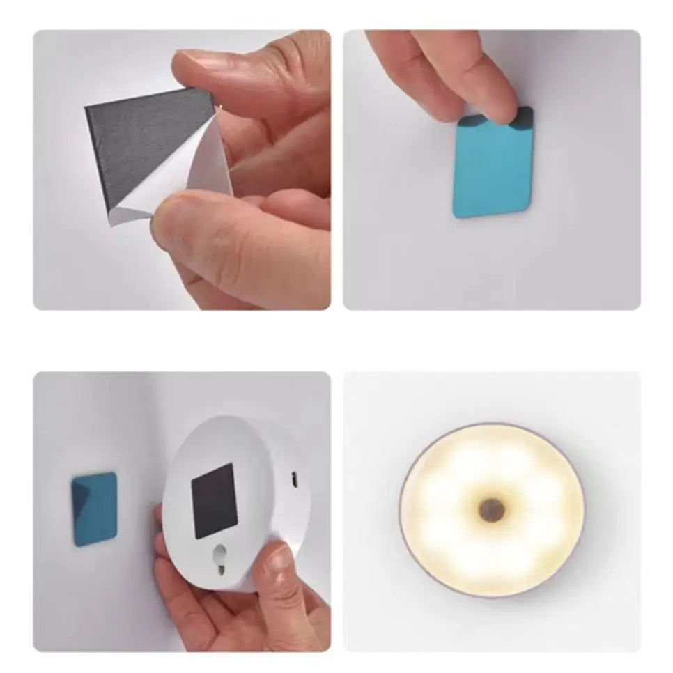 Step-by-step installation of magnetic mount night light with adhesive backing and wall pad.