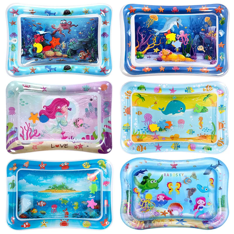 Set of six colorful baby water play mats with different sea life and underwater designs.