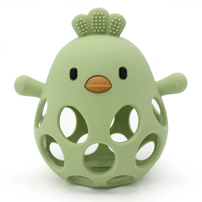 Olive green silicone baby teether rattle shaped like a bird with holes and textured comb.