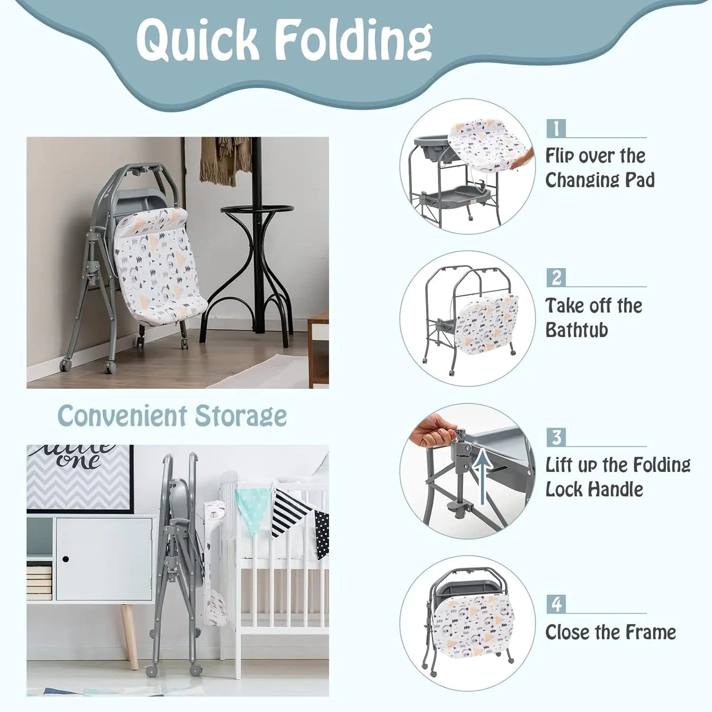 Folded baby bathtub with changing table showing compact storage and folding steps.
