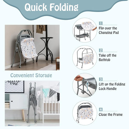 Folded baby bathtub with changing table showing compact storage and folding steps.