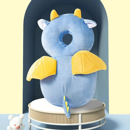 Flying Dragon baby head protection pillow backpack with yellow wings and horns, back view.