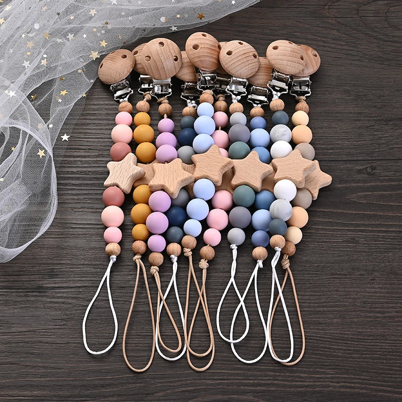Wood and Silicone Pacifier Clip Chain | Teether Bead Soother Holder (BPA Free)