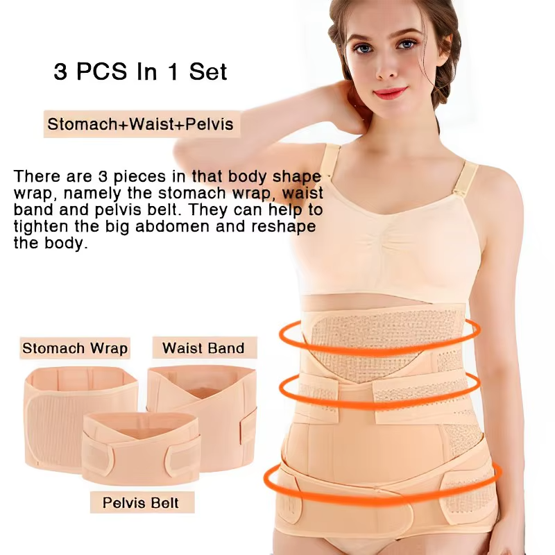 Model wearing 3-piece postpartum belly band set with labeled stomach wrap, waist band, and pelvis belt.