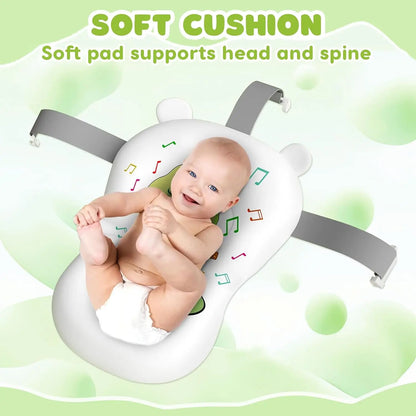 White frog-themed cushioned baby bath support with straps, showing soft pad for head and spine support.