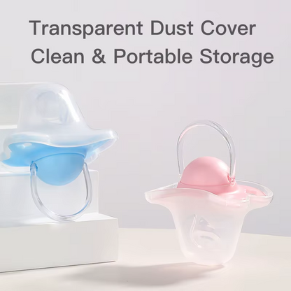 Pink and blue silicone thumb shape baby pacifiers with transparent dust covers for clean storage.