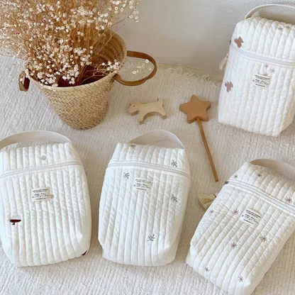 Three Quilted Diaper Caddy Bags in Bear and Snowflake embroidery with nursery decor.