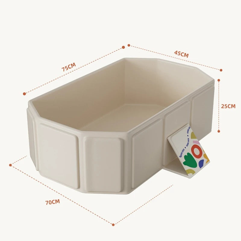 Cream foldable baby bathtub with dimensions 75x45x25 cm and propped open cover.