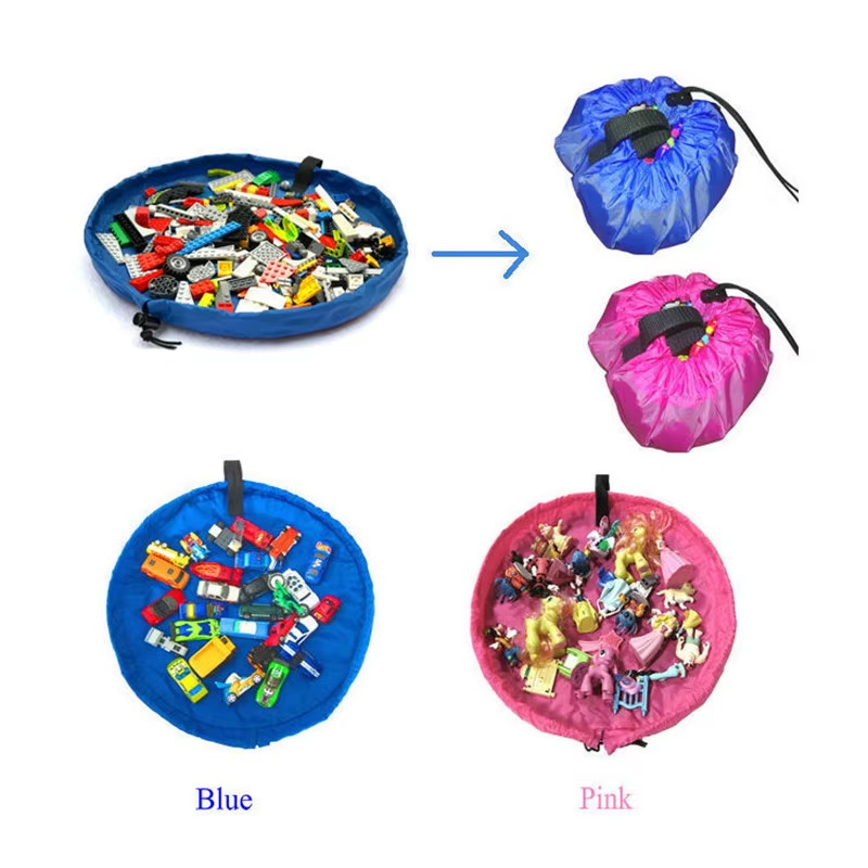 Blue and pink foldable toy storage play mats open with toys and matching drawstring bags closed.
