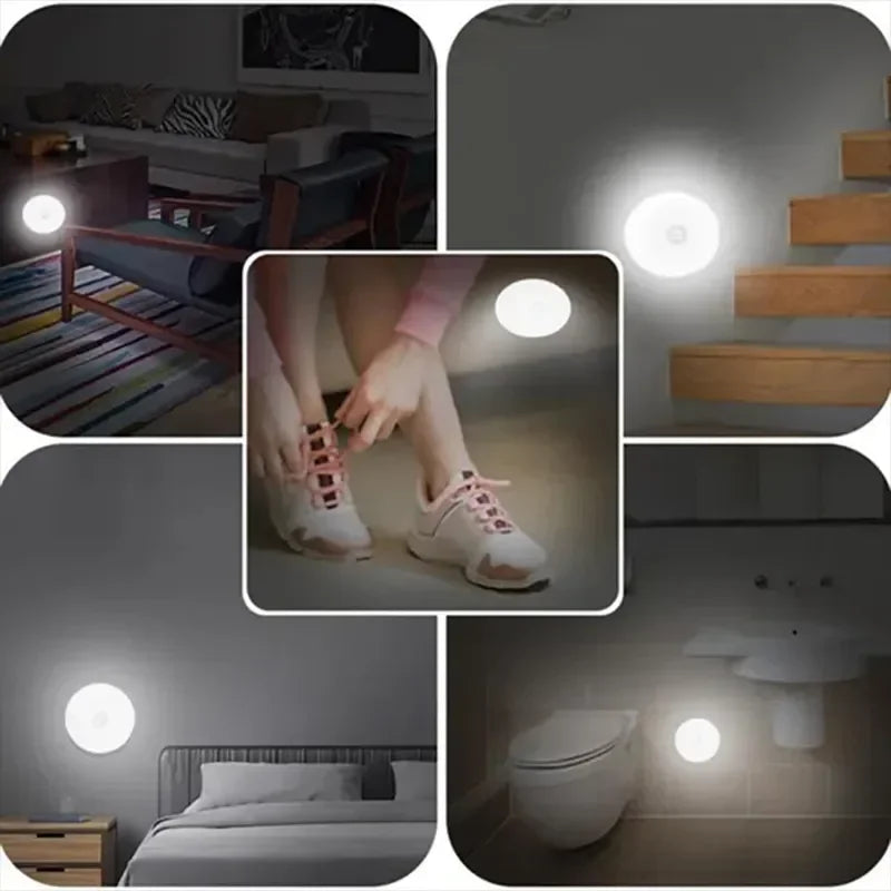 Rechargeable motion sensor night light illuminating dark home areas like stairs and bedroom.