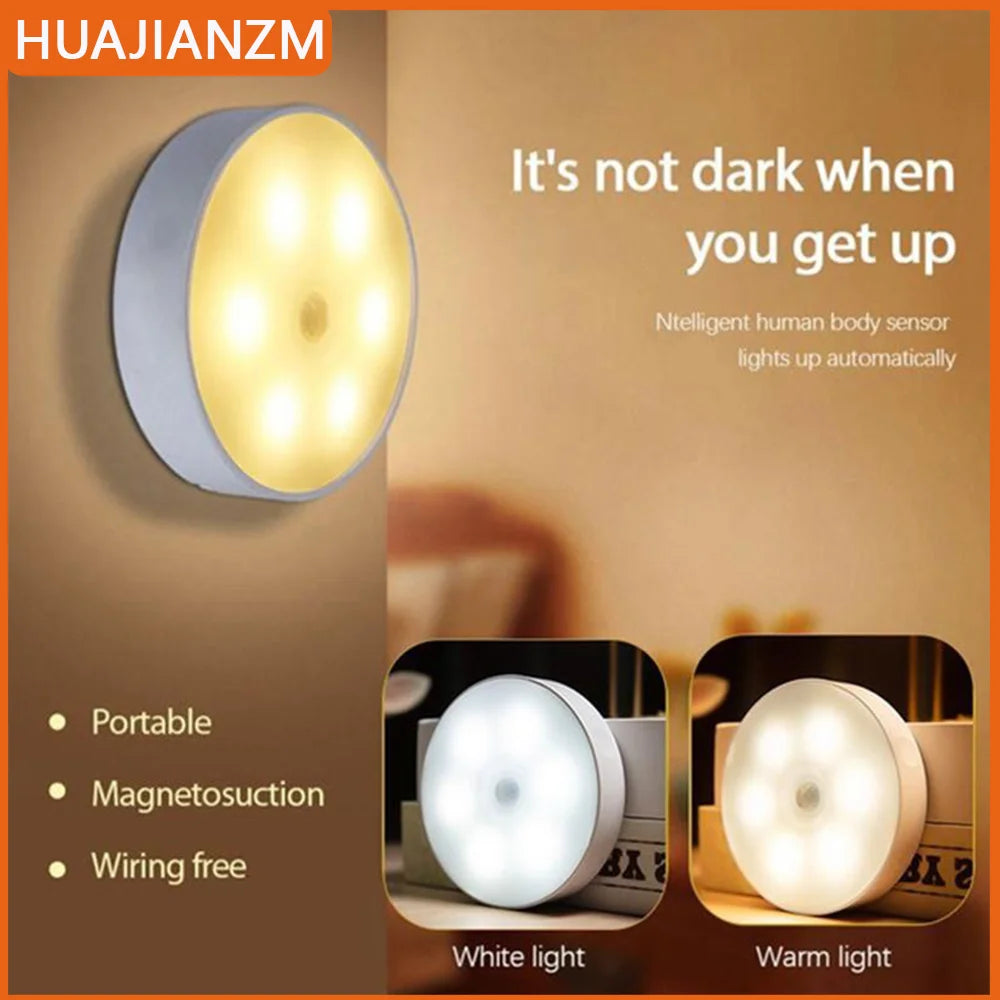 Rechargeable motion sensor night light glowing warm light on wall with portable magnetic mount features.