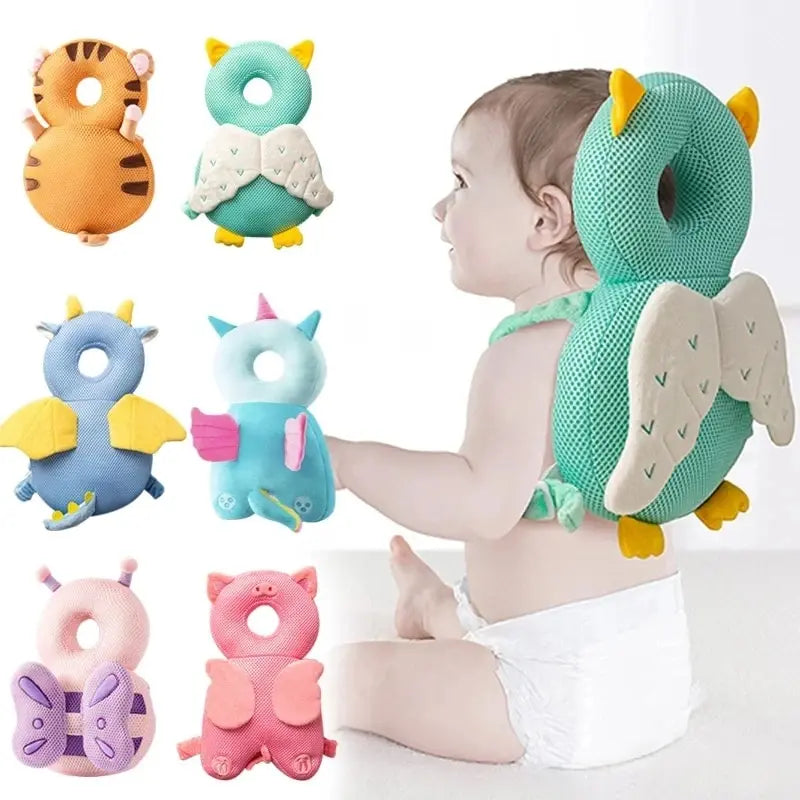 Mint owl baby head protection pillow backpack with breathable mesh and wing details.