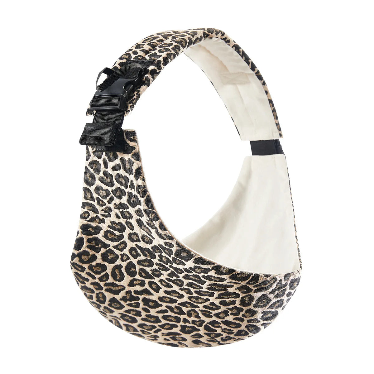 Leopard print adjustable baby carrier wrap curved with white interior lining.