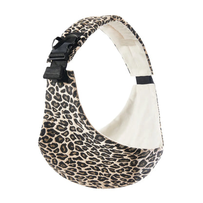 Leopard print adjustable baby carrier wrap curved with white interior lining.