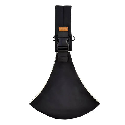 Black adjustable baby carrier wrap with buckle and strap flat lay.