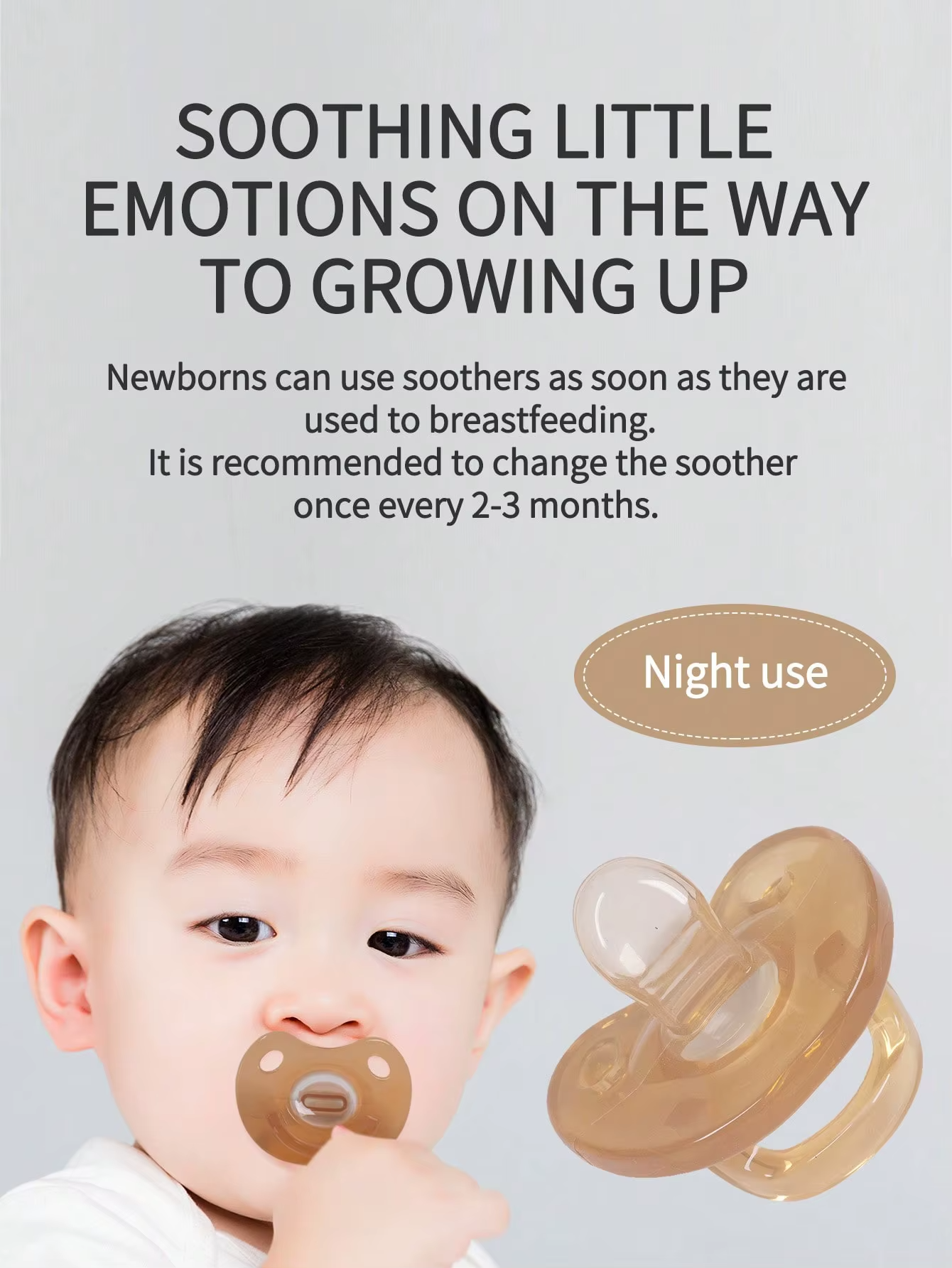 Light brown silicone baby pacifier for nighttime soothing with newborn care text.