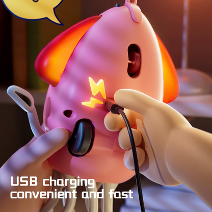 Pink octopus toddler toy being charged via USB cable with glowing charging port.