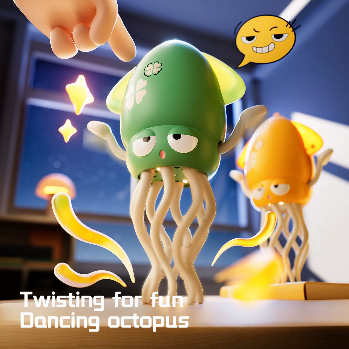 Green dancing octopus toy twisting with light trails and orange octopus in background.