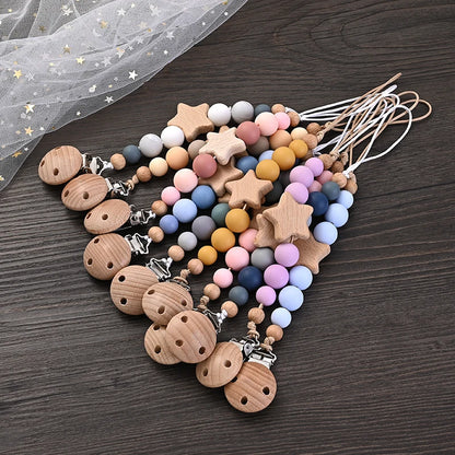 Wood and Silicone Pacifier Clip Chain | Teether Bead Soother Holder (BPA Free)