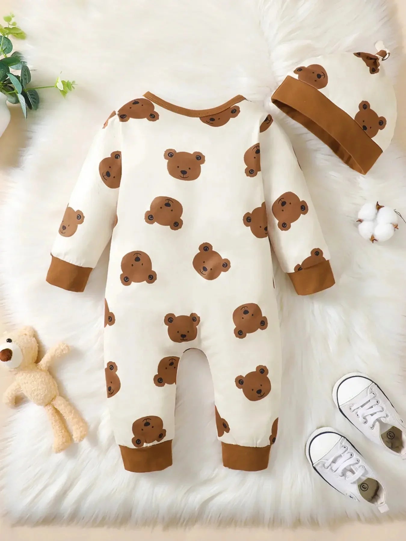 Bear Print Baby Romper | Soft Long Sleeve Button Up One Piece Outfit