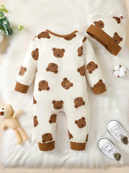 Bear Print Baby Romper | Soft Long Sleeve Button Up One Piece Outfit