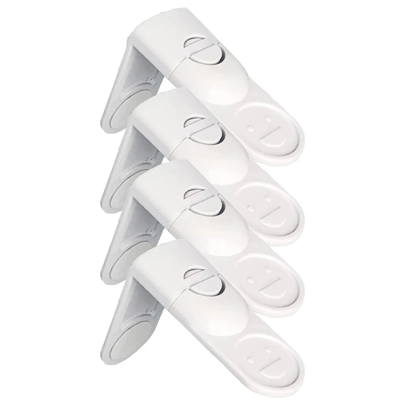 Set of four white baby safety drawer locks displayed on white background.