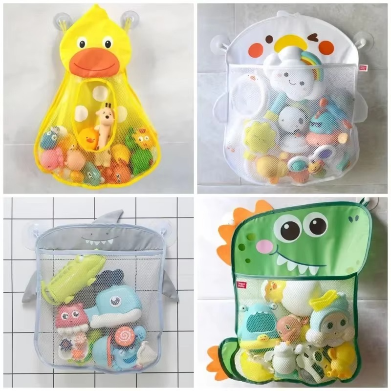 Collage showing four bath toy storage mesh bags in duck, bear, shark, and dinosaur designs filled with toys.