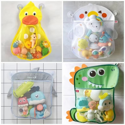 Collage showing four bath toy storage mesh bags in duck, bear, shark, and dinosaur designs filled with toys.