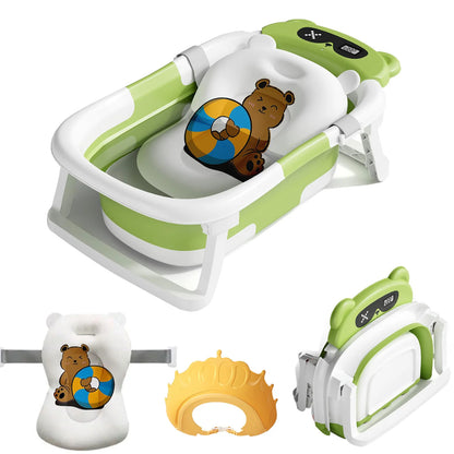 Foldable baby bathtub Type 2 Green with bear cushion, digital thermometer, crown shower cap, and mesh sling.