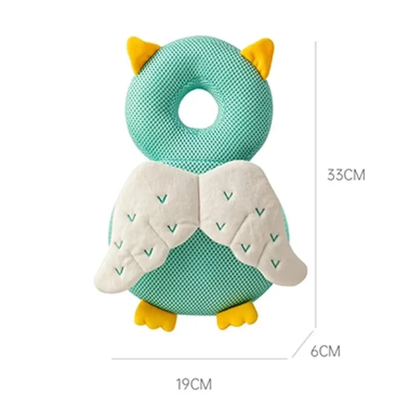 Mint owl baby head protection pillow backpack front view with size dimensions shown.